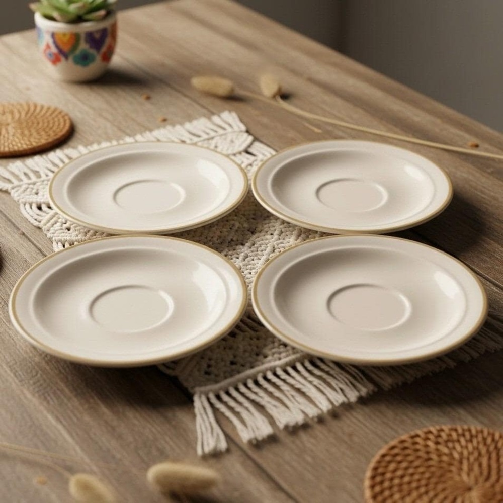 Direction Japan Stoneware Saucers, Set of 4, Vintage White & Brown Dinnerware